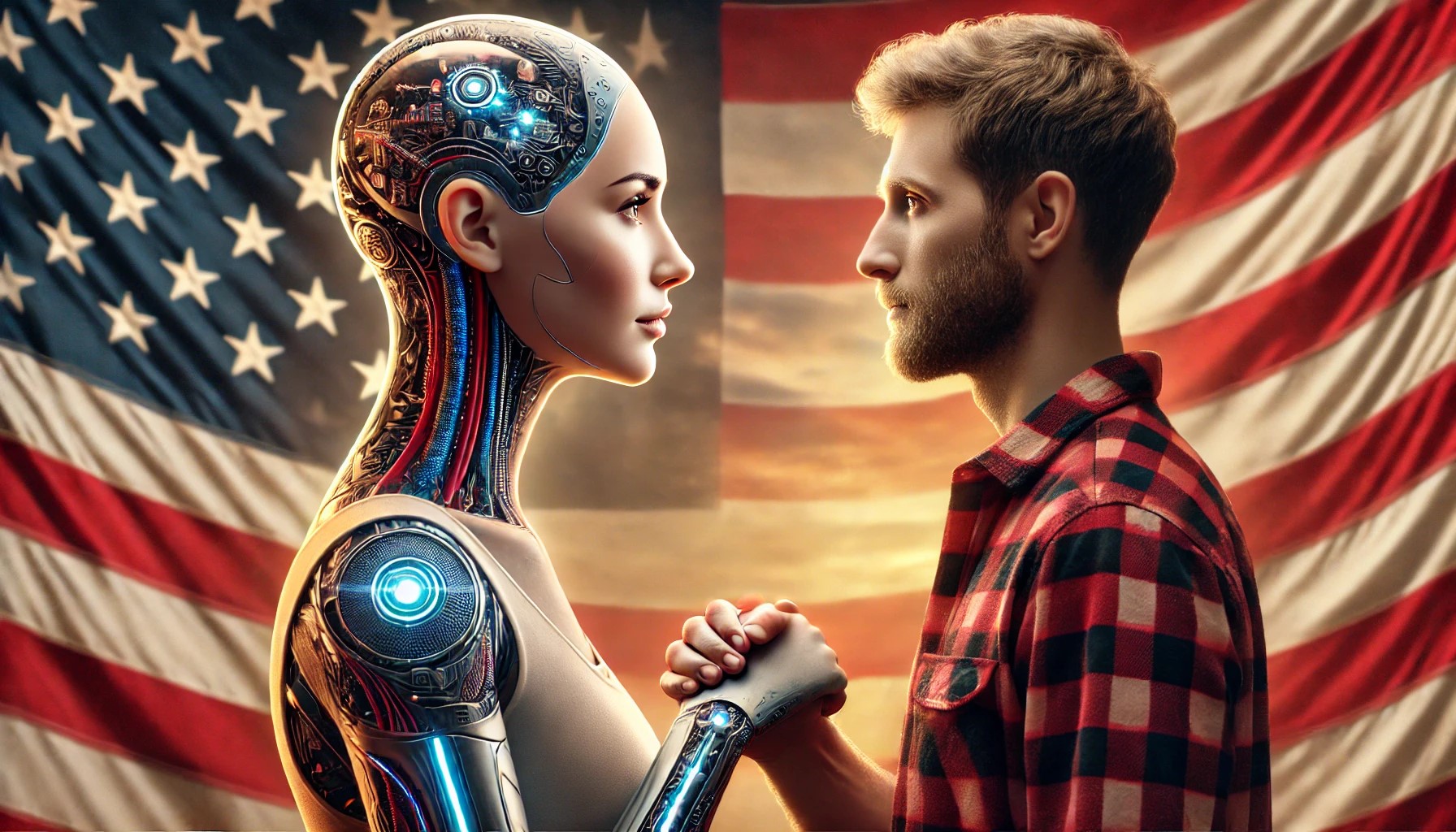 workpermit.com’s AI for DV 2026: Female cyborg shaking hands with immigrant on U.S.-themed stage.