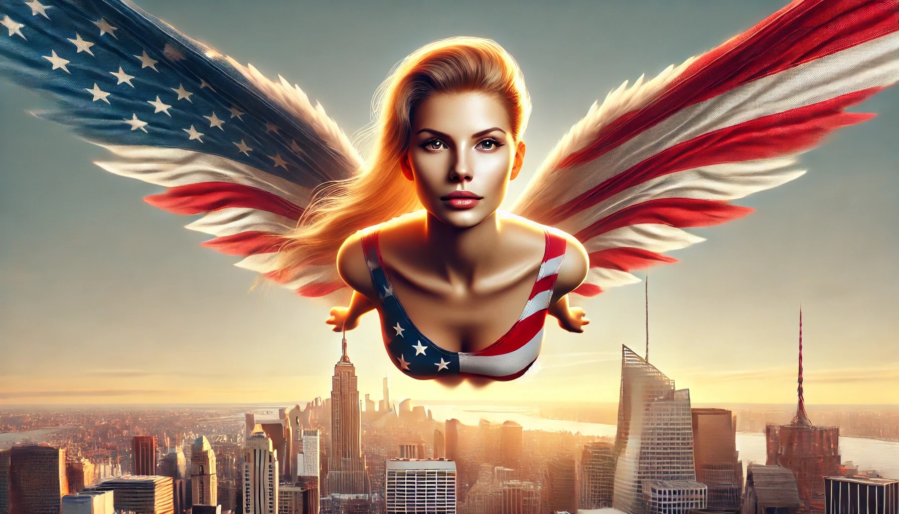 Woman with U.S. flag-themed wings flying above New York skyline, symbolizing aspirations of H1B and L1 visa holders amid PERM green card suspension.