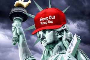 Statue of Liberty in a red 'Keep Out' hat, symbolizing restrictive US immigration policies under Trump, as discussed in our work visa report Statue of Liberty in a red 'Keep Out' hat, symbolizing restrictive US immigration policies under Trump, as discussed in our work visa report