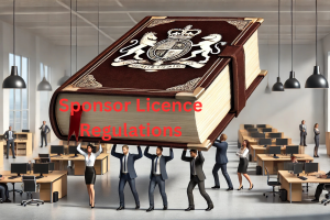 UK Sponsor Licence Compliance Guide 2024: Office workers lifting a giant book on sponsor regulations.