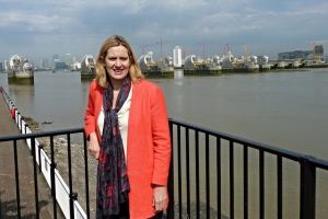 Amber Rudd in front of the Thames barrier