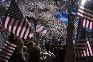 Hillary Clinton arrives on stage at the DNC on Thursday night