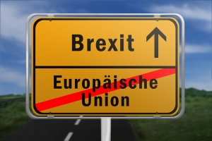 Ortsschild mit den Worten Europaeische Union und Brexit