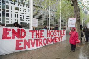 Monday April 30, 2018. Protestors from Global Justice Now demonstrate outside the Home Office in London demanding an end to the Hostile Environment policy.