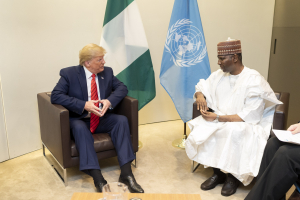 Donald J. Trump with President of the U.N. General Assembly Tijjani Muhammad-Bande of Nigeria 24 September 2019