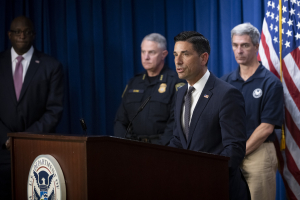 Department of Homeland Security Press Briefing with Chad Wolf (speaking) and Ken Cuccinelli (right) 30 May 2020