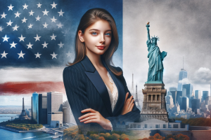 E2 Visa Term for French in US Now 4 Years - French Woman with US and French Theme Background