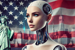 Workpermit.com New AI System for US L1 Visas Using ChatGPT-4o - Female Cyborg with US Theme Background