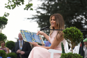  (President Donald Trump and) First Lady Melania Trump participates in the Easter Egg Roll on the South Lawn of the White House, Monday, April 17, 2017.
