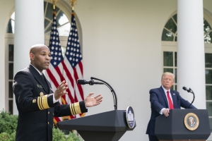 President Donald J. Trump listens as U.S. Surgeon General Jerome Adams delivers remarks on protecting seniors with diabetes Tuesday, May 26, 2020.