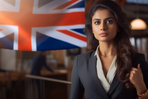 Indian Woman with UK Flag Background AI Generated