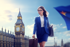 Businesswoman with UK Houses of Parliament Background AI Generated