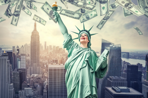 USCIS Asylum Program Fee: What Employers Need to Know - Statue of Liberty with raining dollar bills