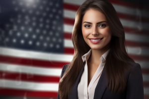 Businesswoman with US Flag Background AI Generated