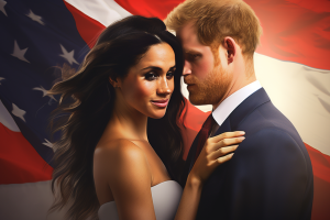 Meghan Markle and Prince Harry with US Flag Background AI Generated