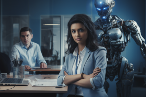 Indian Worker in UK Office with Robot AI Generated