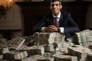 Rishi Sunak with Mountains of Cash at 10 Downing Street AI Generated