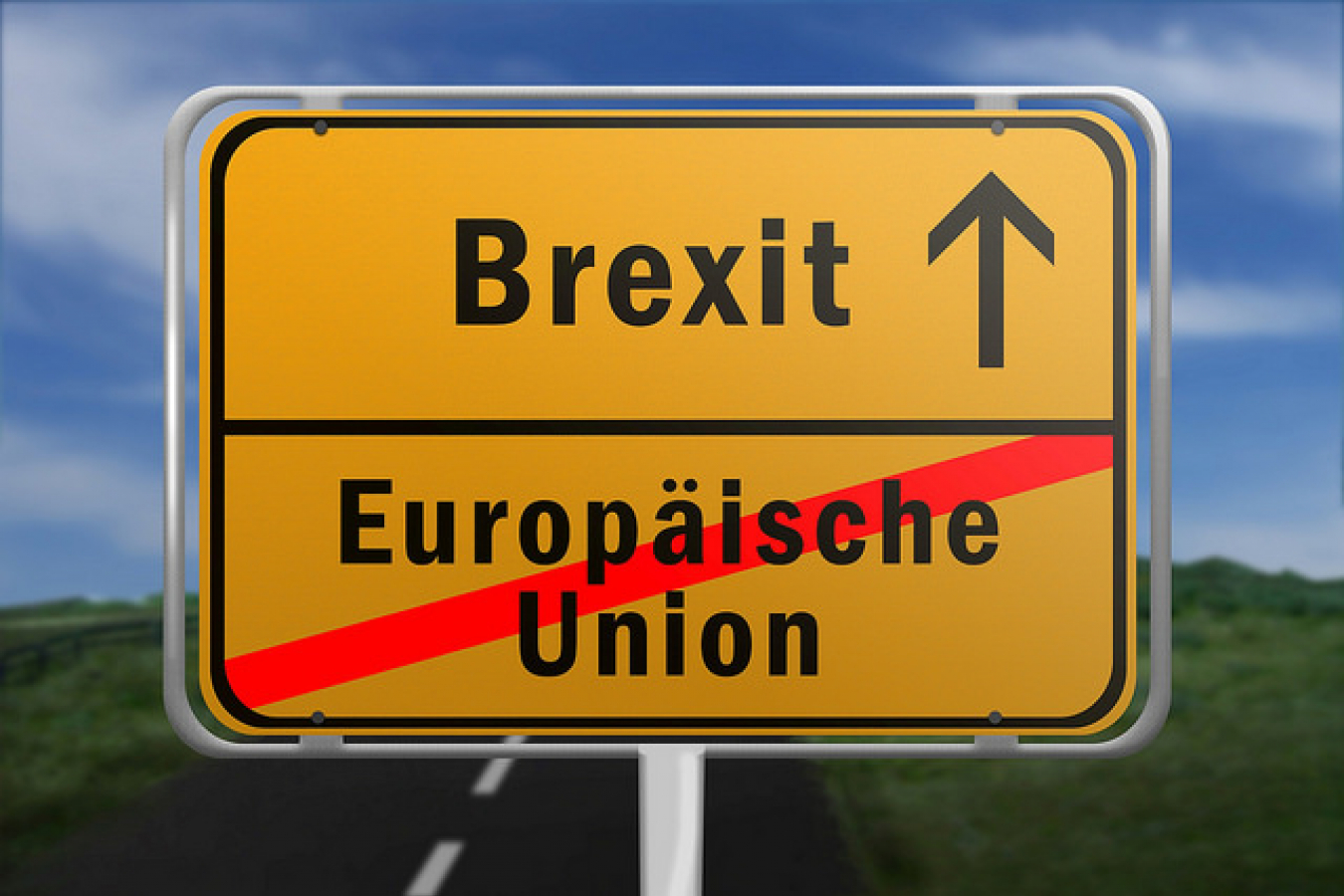 Ortsschild mit den Worten Europaeische Union und Brexit