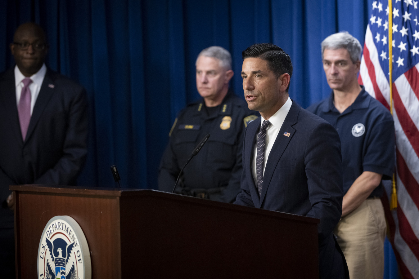 Department of Homeland Security Press Briefing with Chad Wolf (speaking) and Ken Cuccinelli (right) 30 May 2020