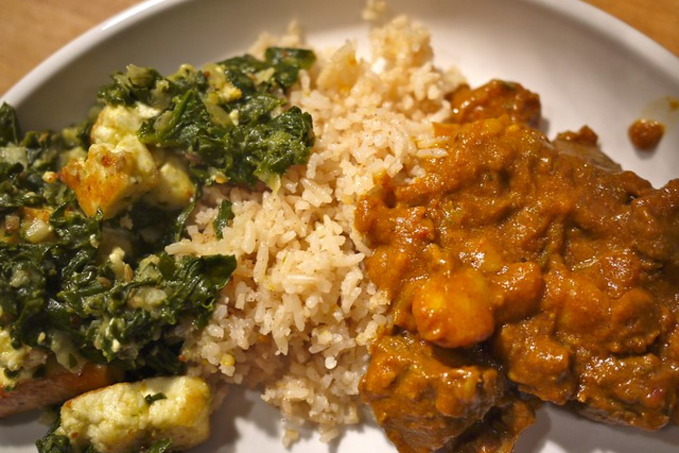 Saag paneer, spiced rice, lamb vindaloo