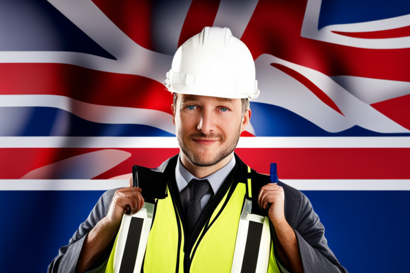 Construction Worker with UK Flag Background AI Generated