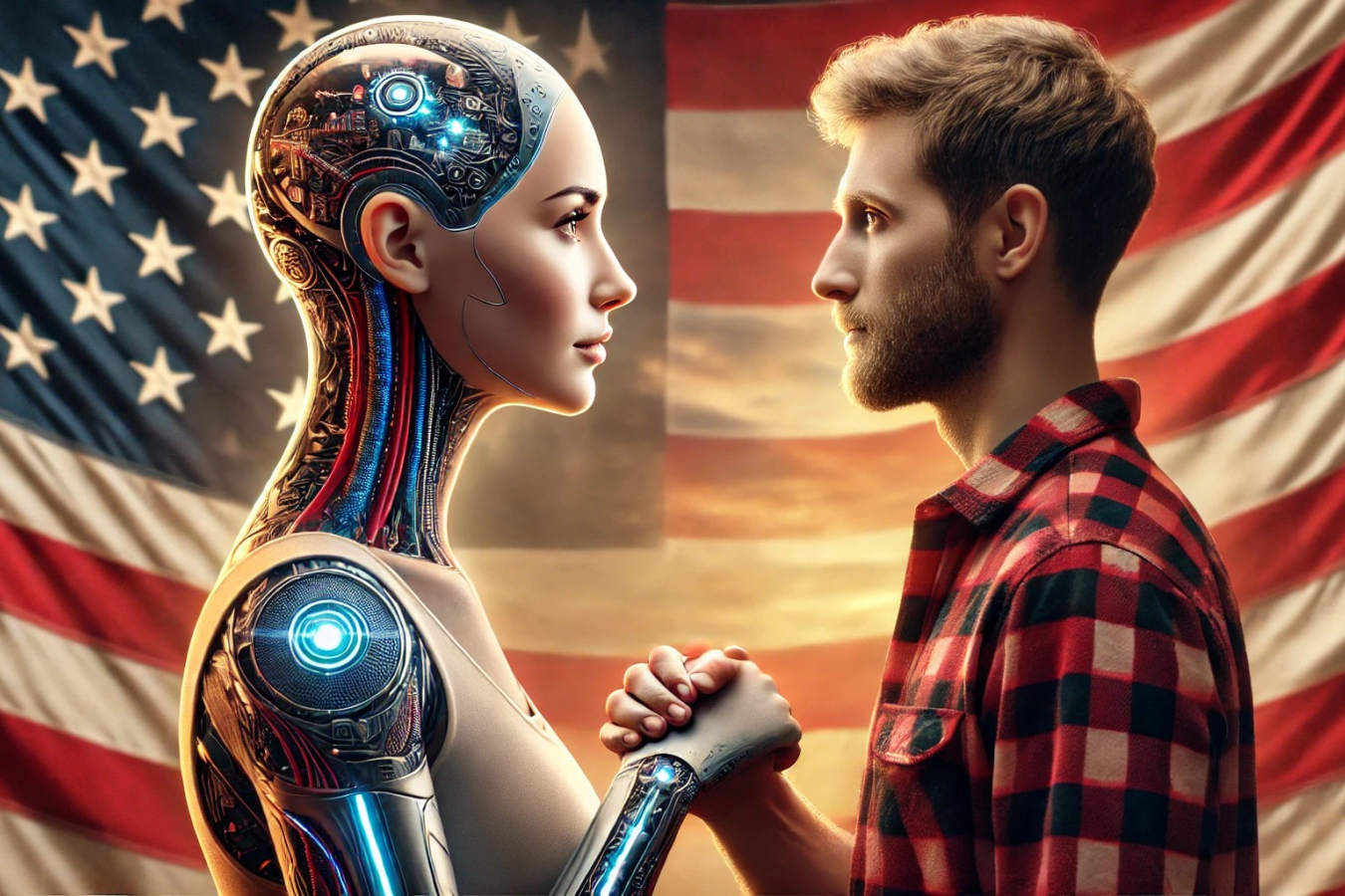Workpermit.com’s AI for DV 2026: cyborg shaking hands with immigrant on U.S.-themed stage.