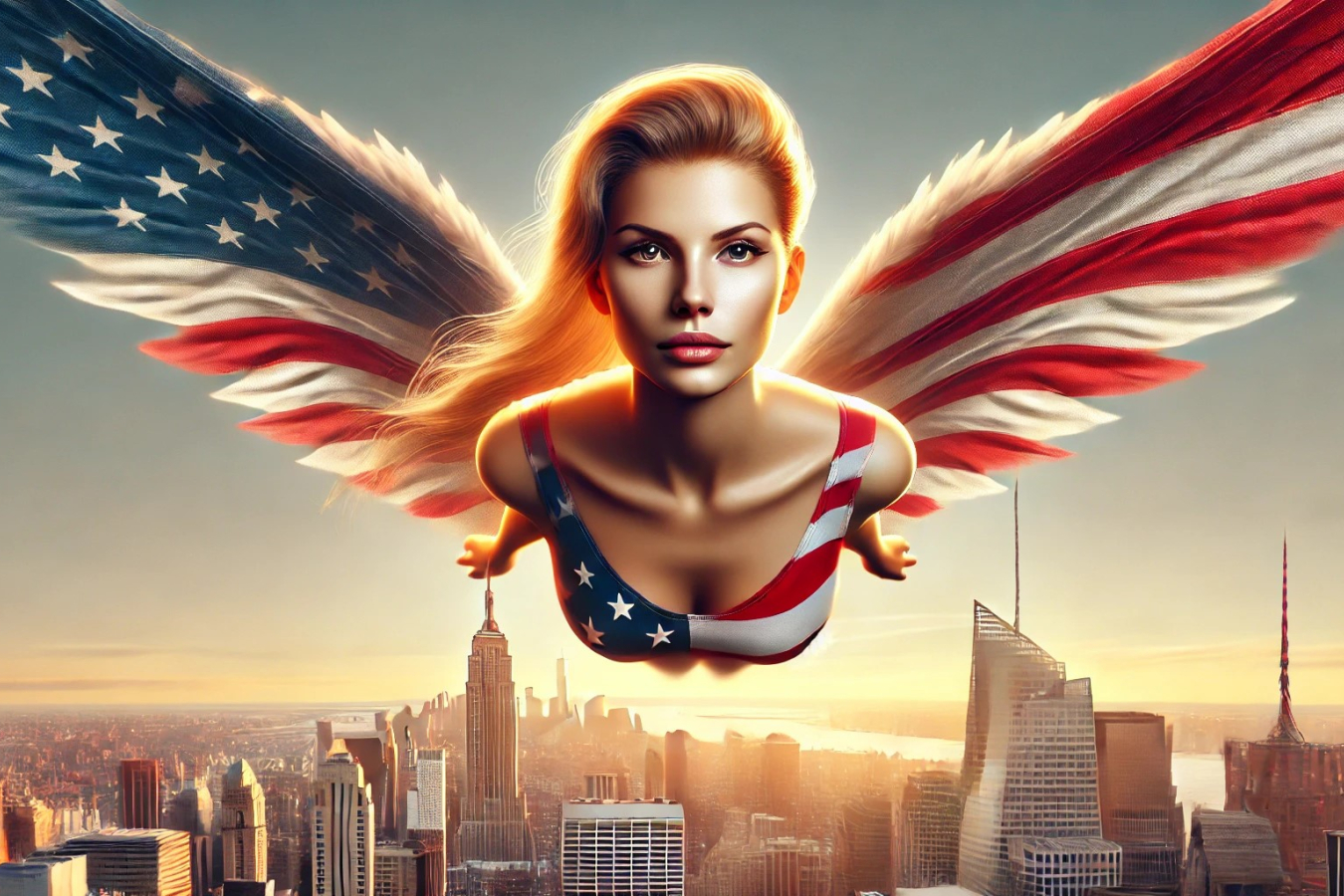 Woman with U.S. flag-themed wings flying above New York skyline, symbolizing aspirations of H1B and L1 visa holders amid PERM green card suspension.