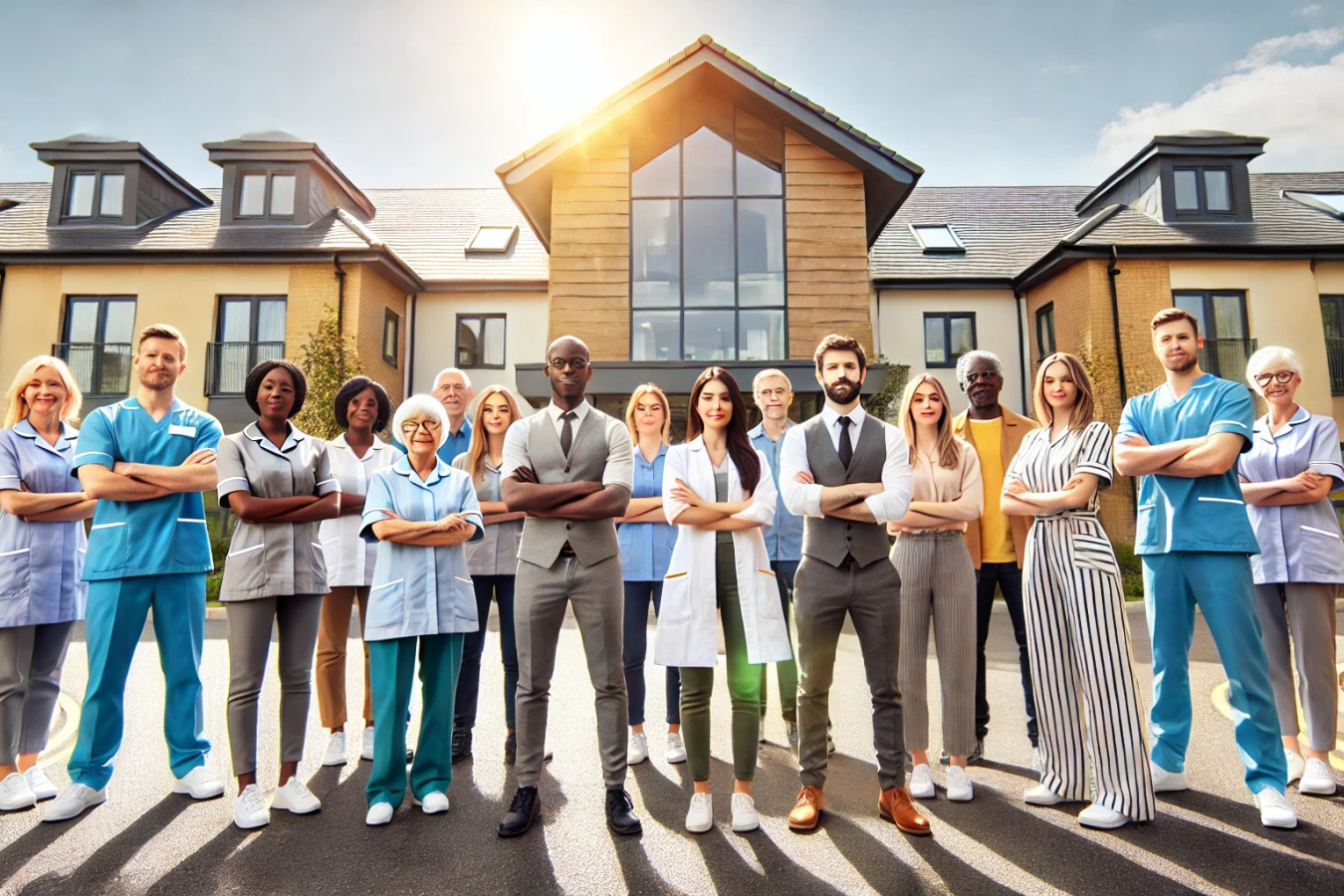 Migrant Care Worker Charter and sponsor licence employers - Diverse group of care workers in front of a care home