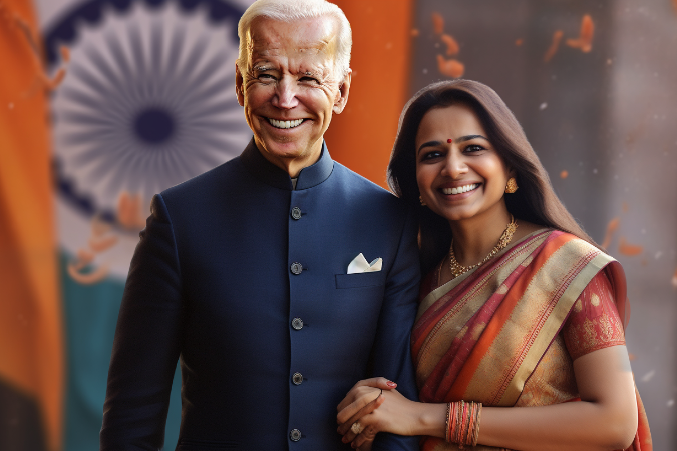 President Biden dressed in Indian Tunic with Indian woman AI Generated
