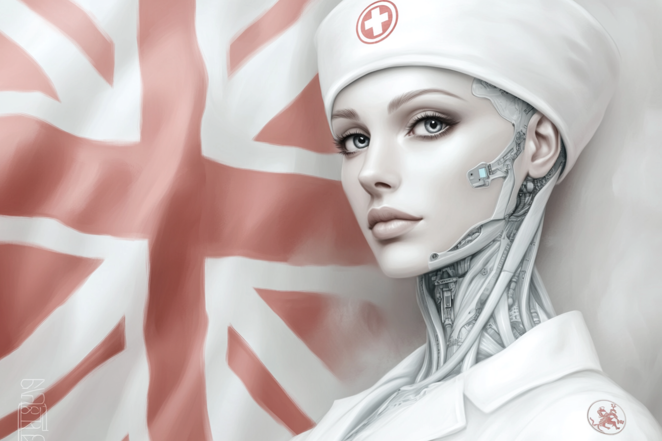 Sponsor Licence AI CoS Adviser for UK Businesses - Cyborg in nurse uniform with UK theme background