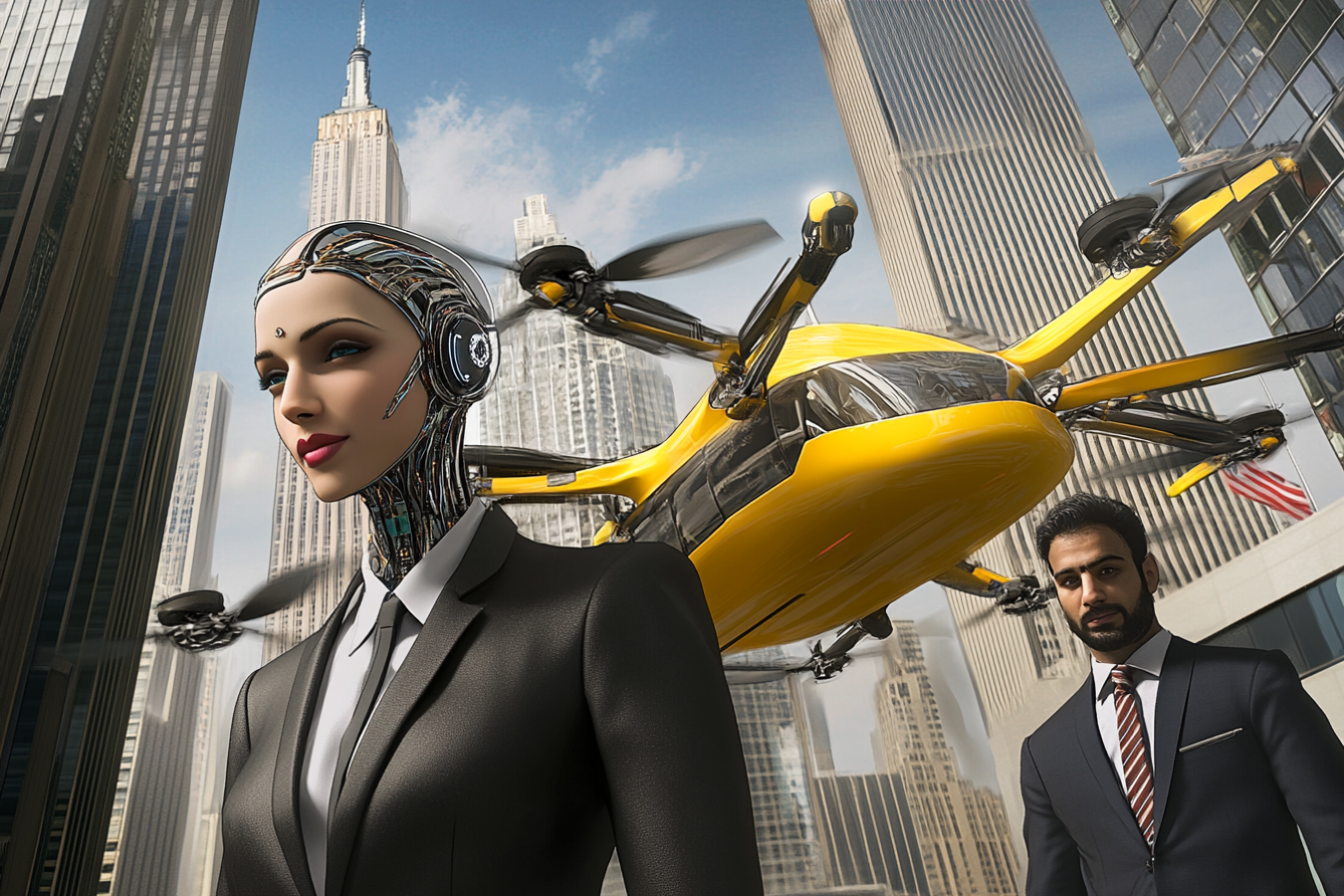 H-1B and L-1 Visa Fees Hike: Impact of 2024 and 2025 Changes – A futuristic business scene with a female cyborg and flying taxis in New York.