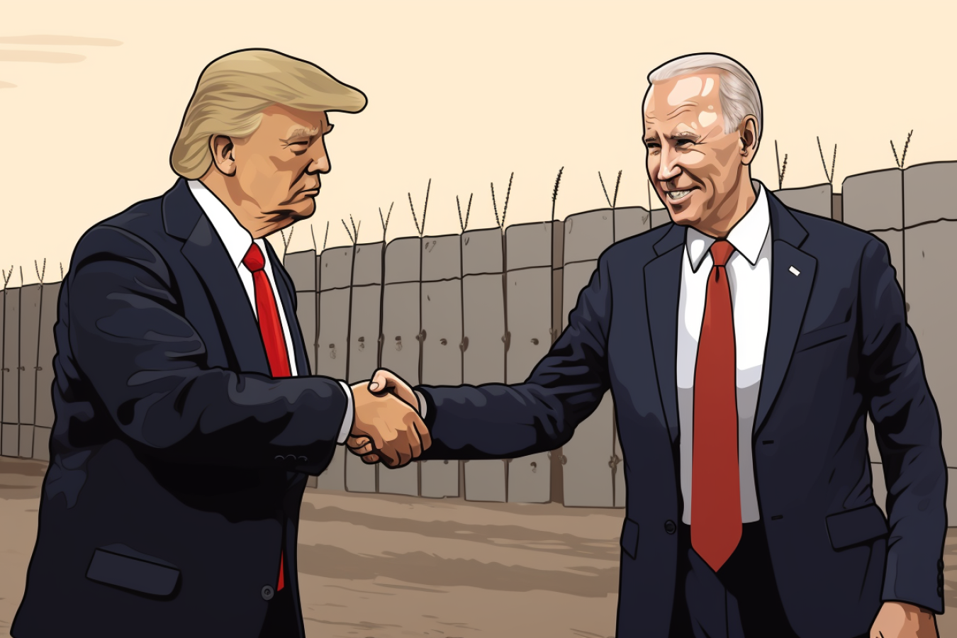 Biden Trump Border Wall: Hypocrisy, Debate, Renewed Construction - Trump and Biden smiling and shaking hands outside border wall