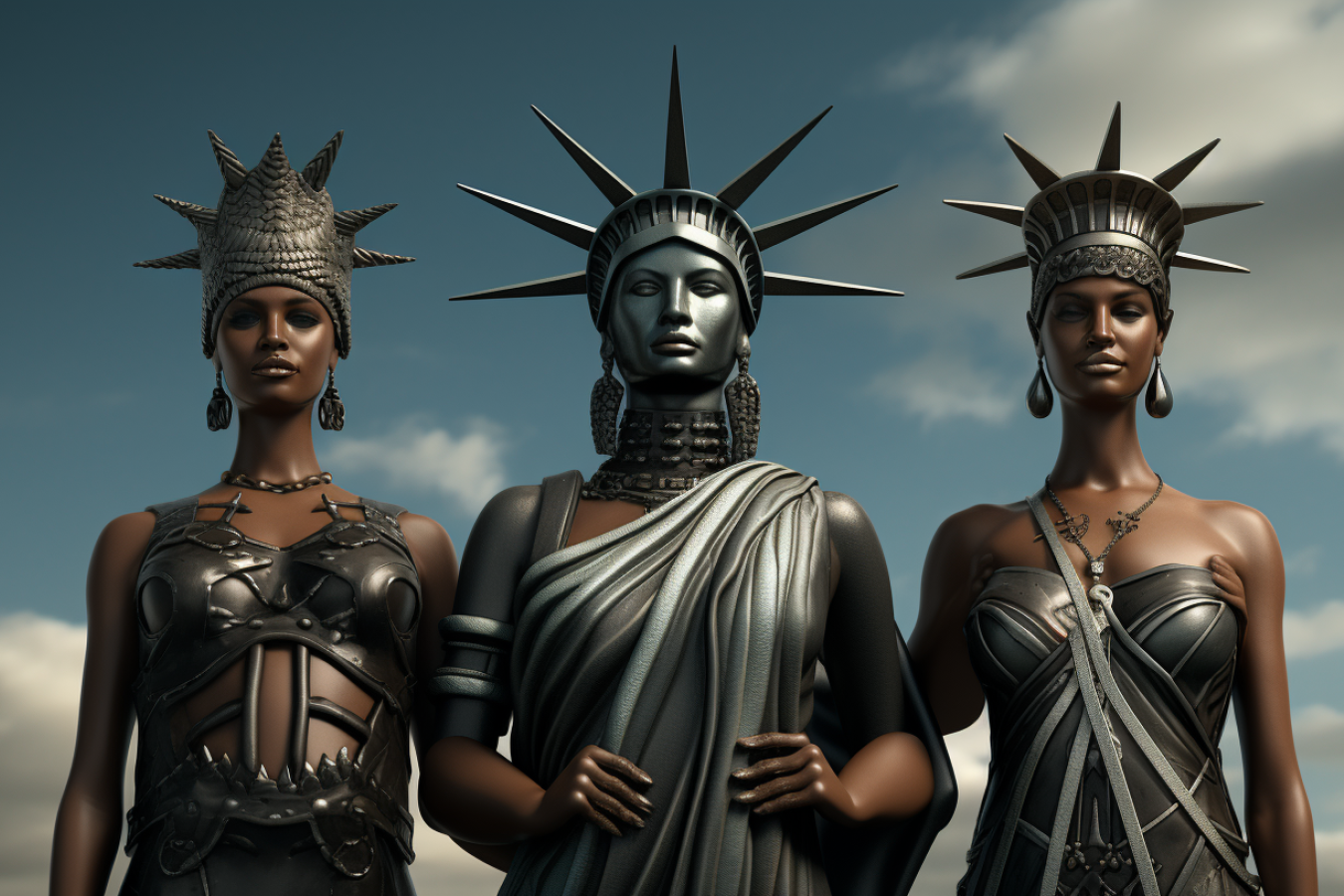 Three immigrants as Statue of Liberty AI Generated