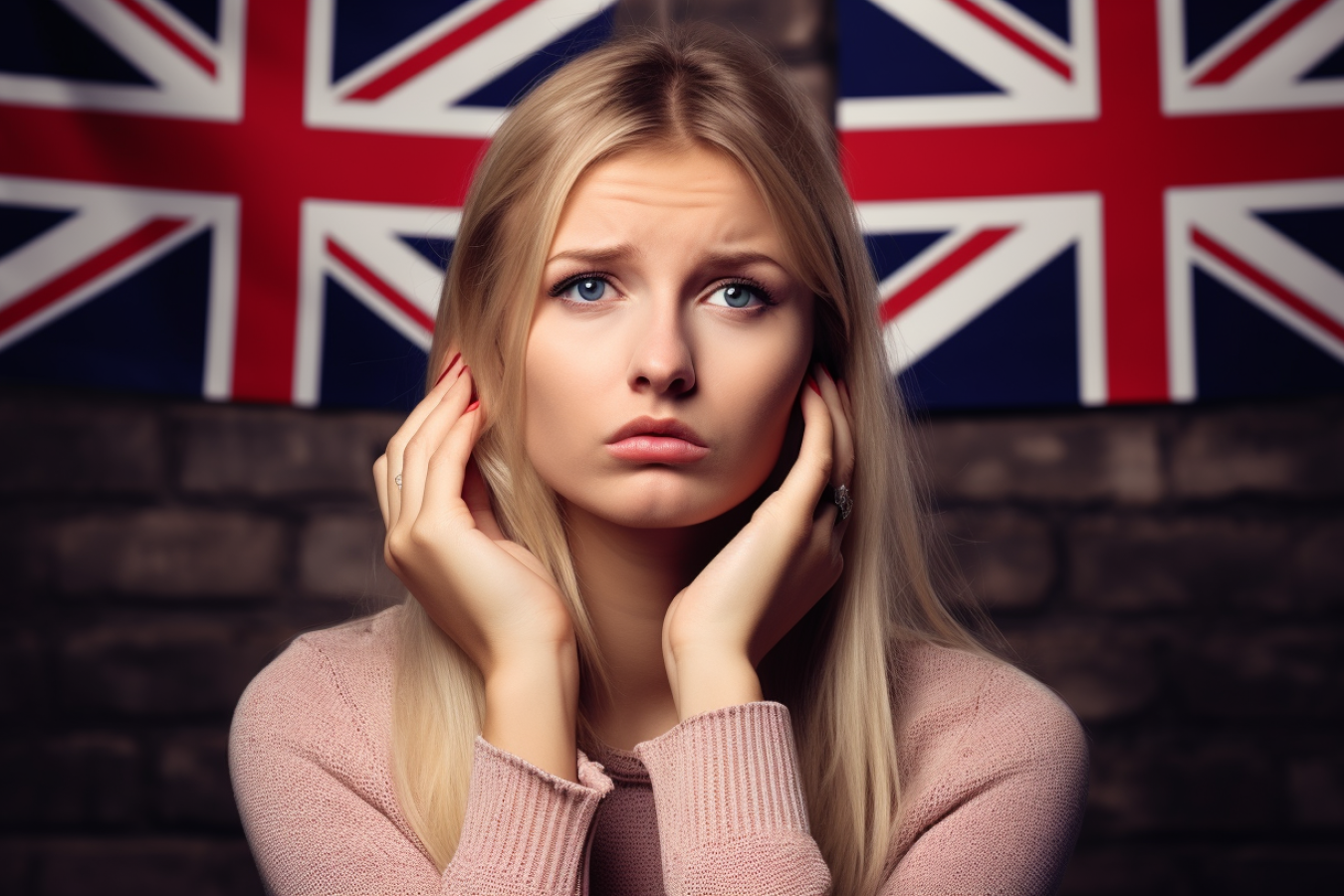 UK Immigration Rule Changes Oct 23 - Unhappy Woman with UK Flag Background AI Generated