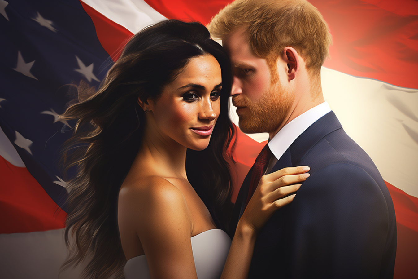 Meghan Markle and Prince Harry with US Flag Background AI Generated