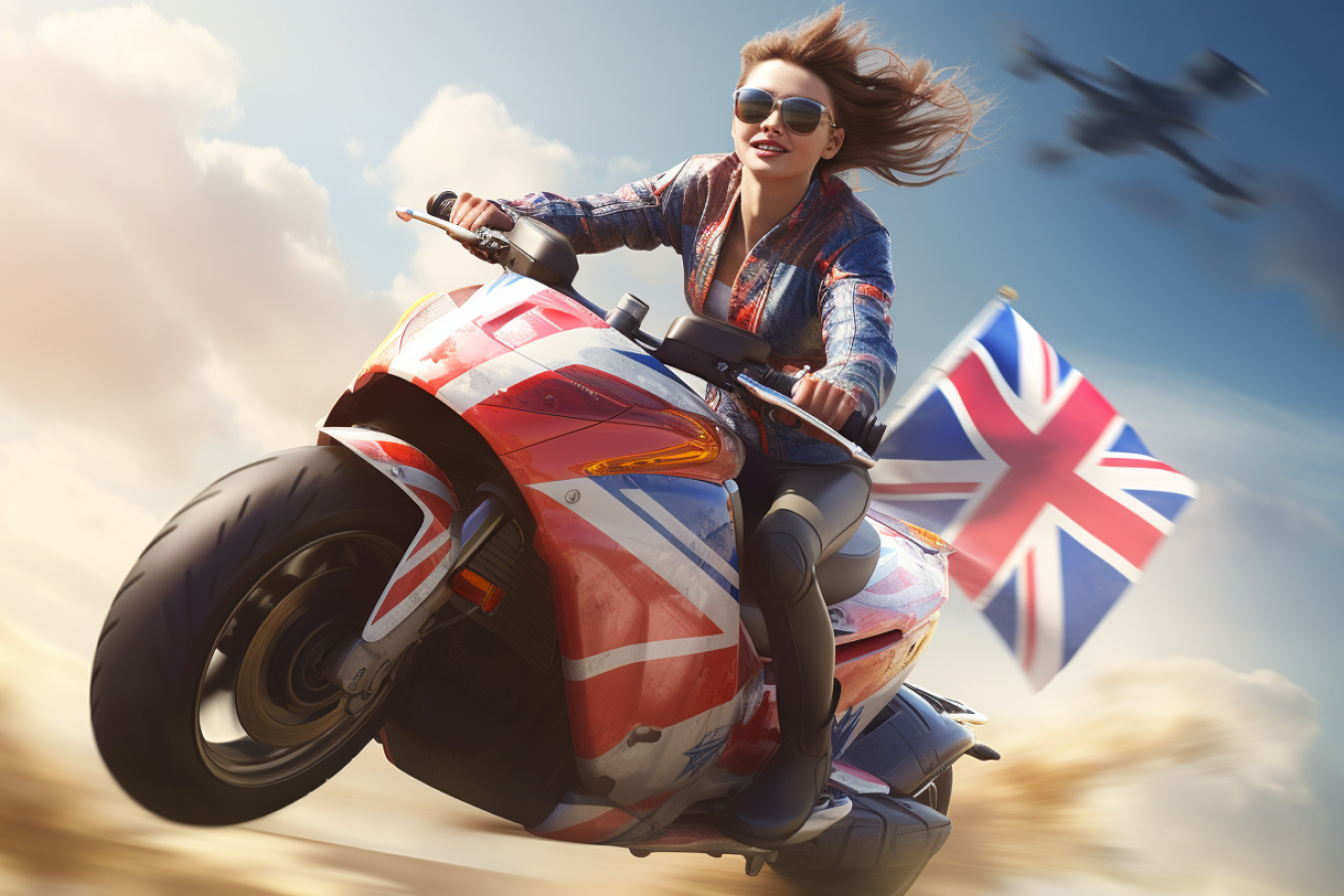 Female Ukrainian Immigrant on Motorbike with UK flag livery AI Generated