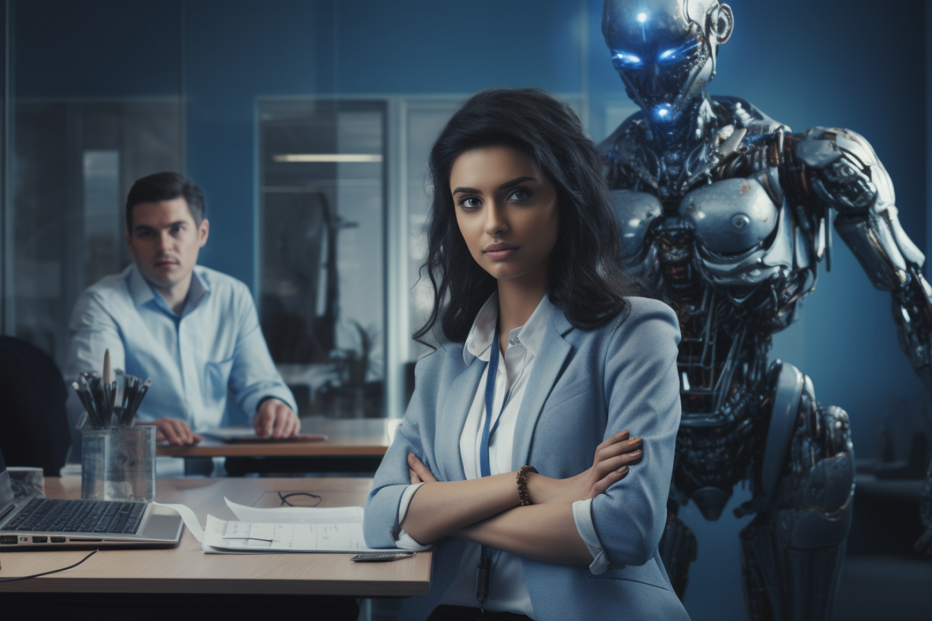 Indian Worker in UK Office with Robot AI Generated